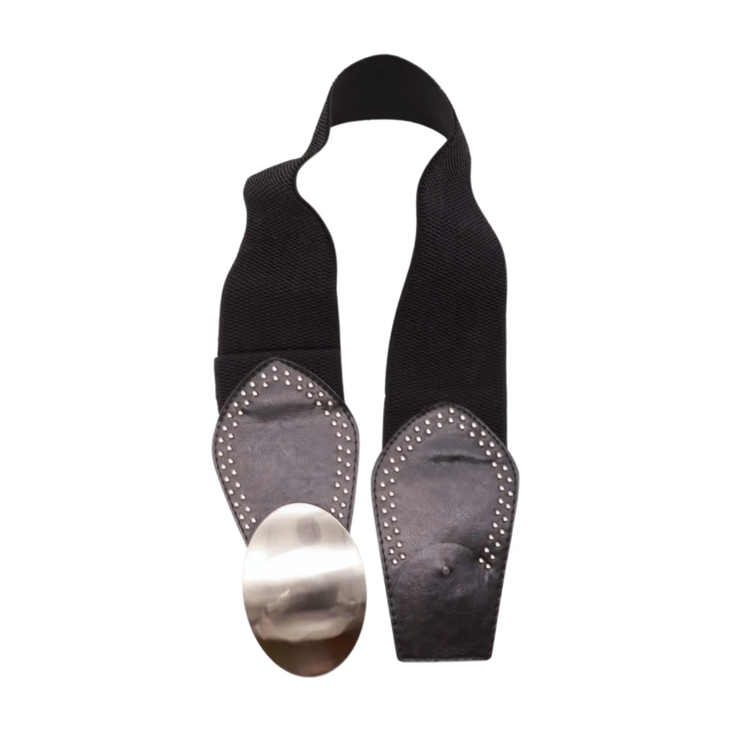 Black Faux Leather Elastic Belt Silver Studs Oval Buckle S M