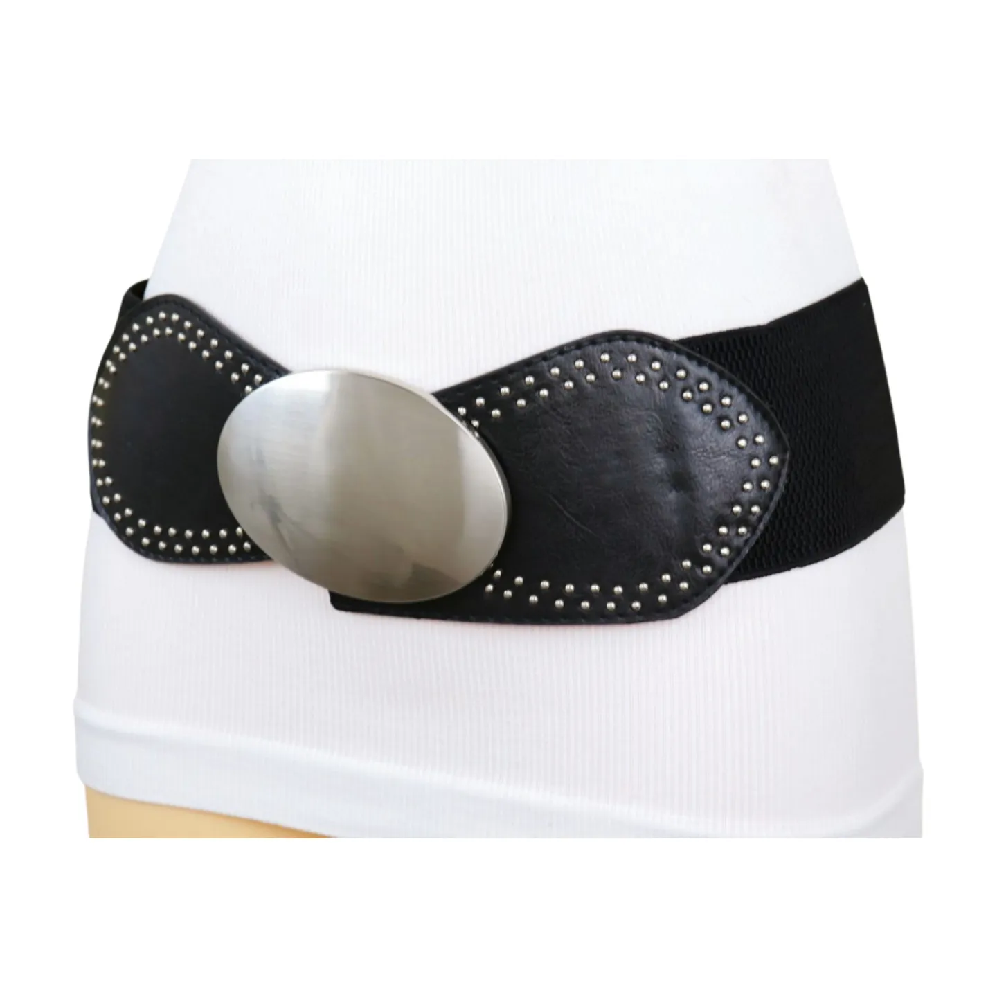 Black Faux Leather Elastic Belt Silver Studs Oval Buckle S M
