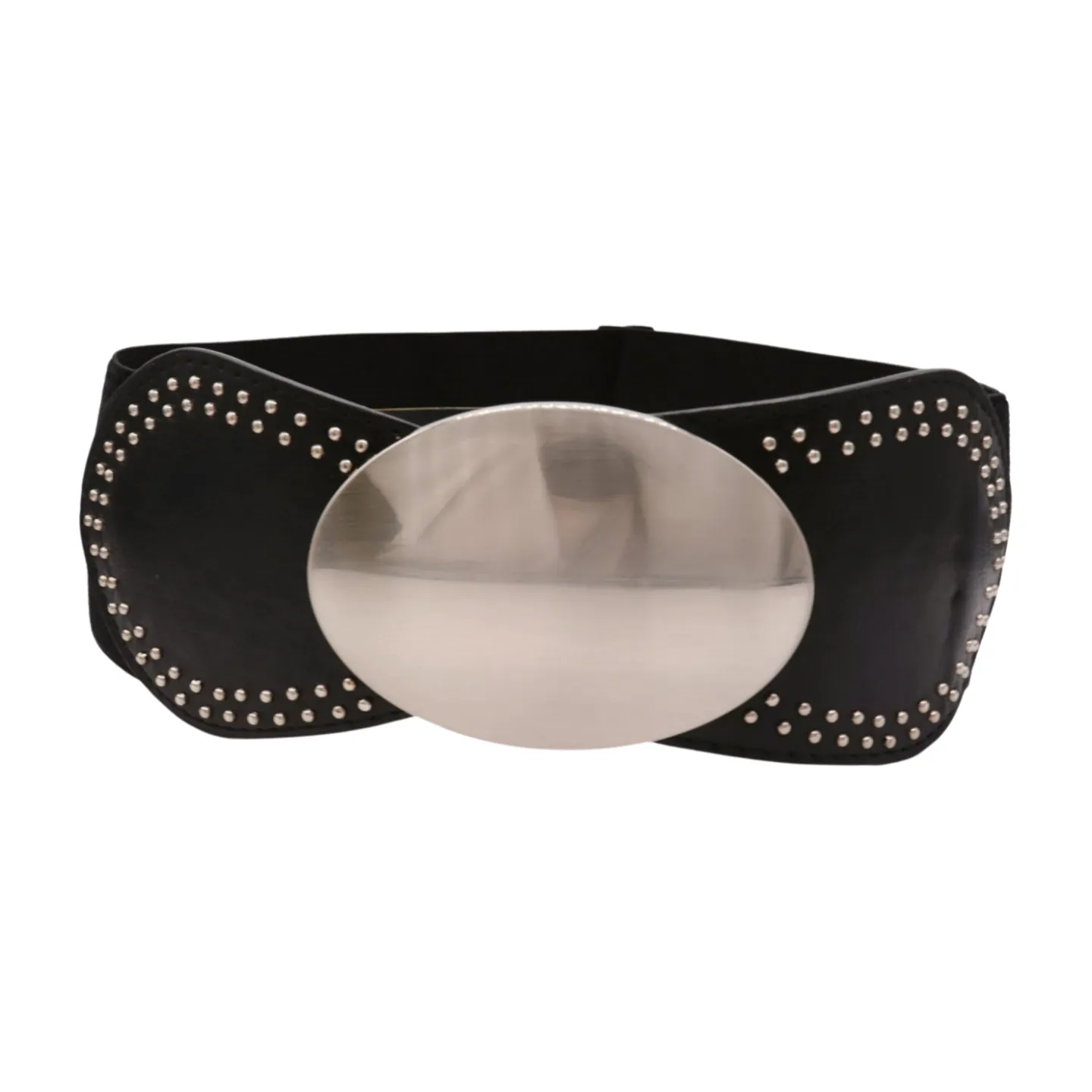 Black Faux Leather Elastic Belt Silver Studs Oval Buckle S M