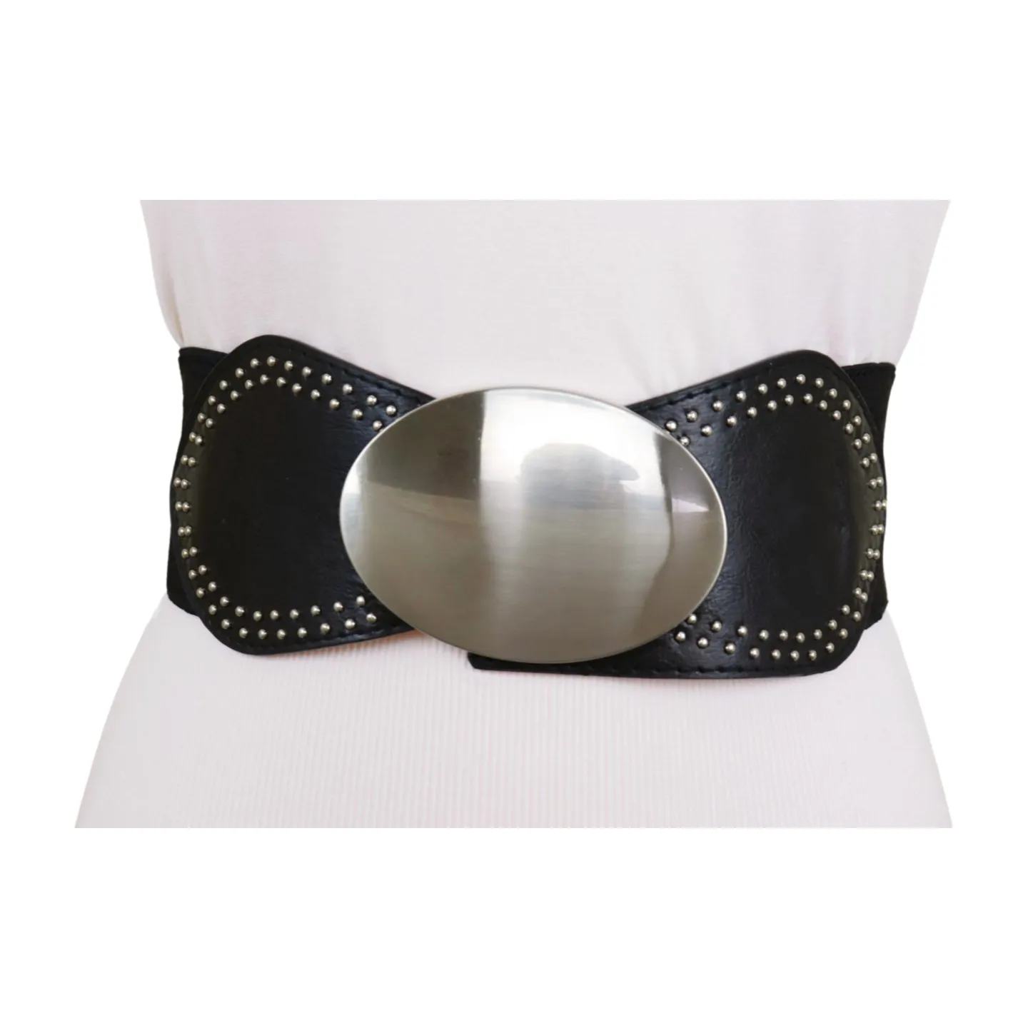 Black Faux Leather Elastic Belt Silver Studs Oval Buckle S M
