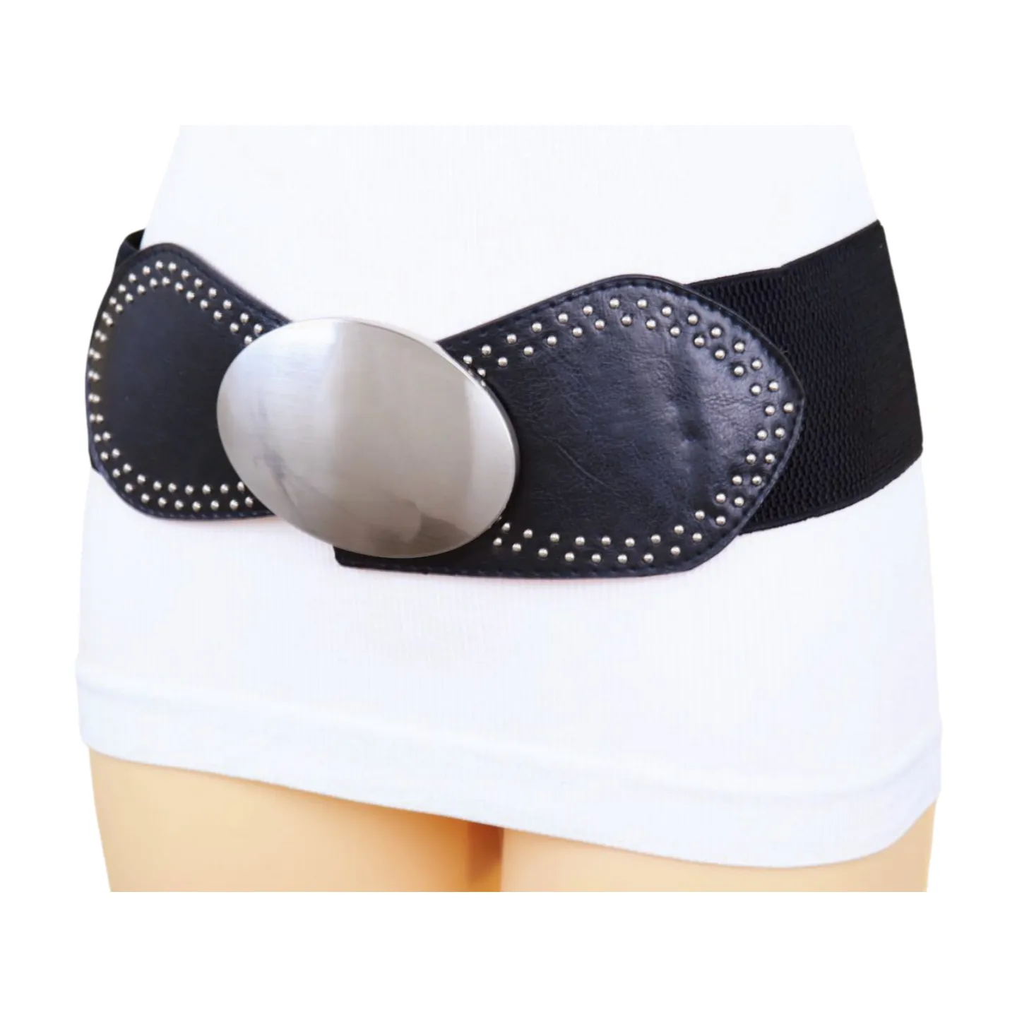 Black Faux Leather Elastic Belt Silver Studs Oval Buckle S M