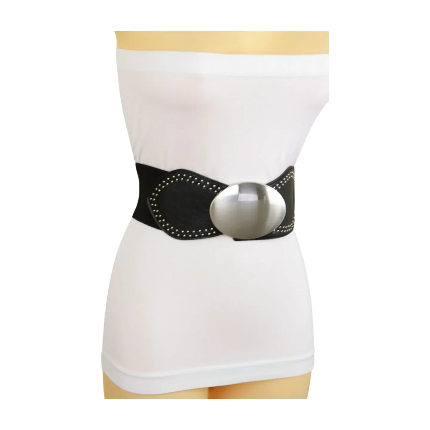 Black Faux Leather Elastic Belt Silver Studs Oval Buckle S M