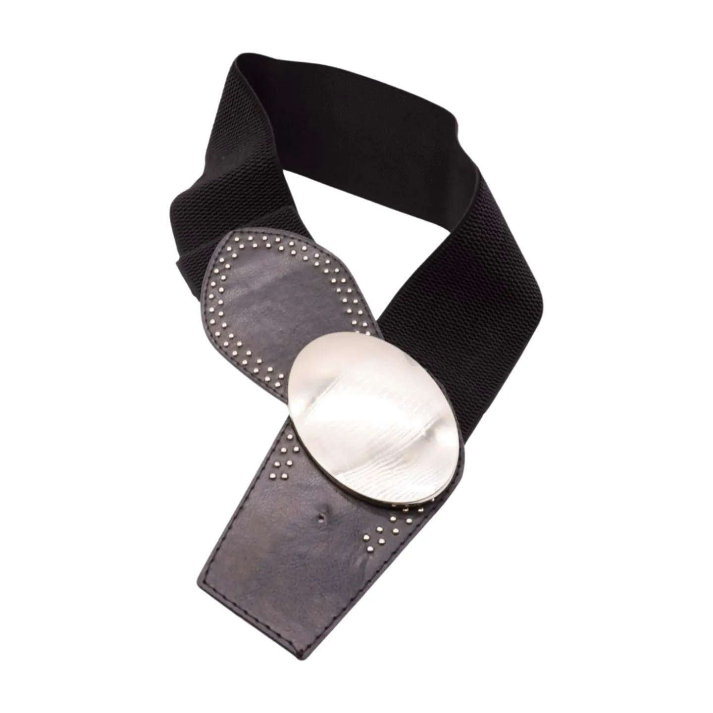 Black Faux Leather Elastic Belt Silver Studs Oval Buckle S M