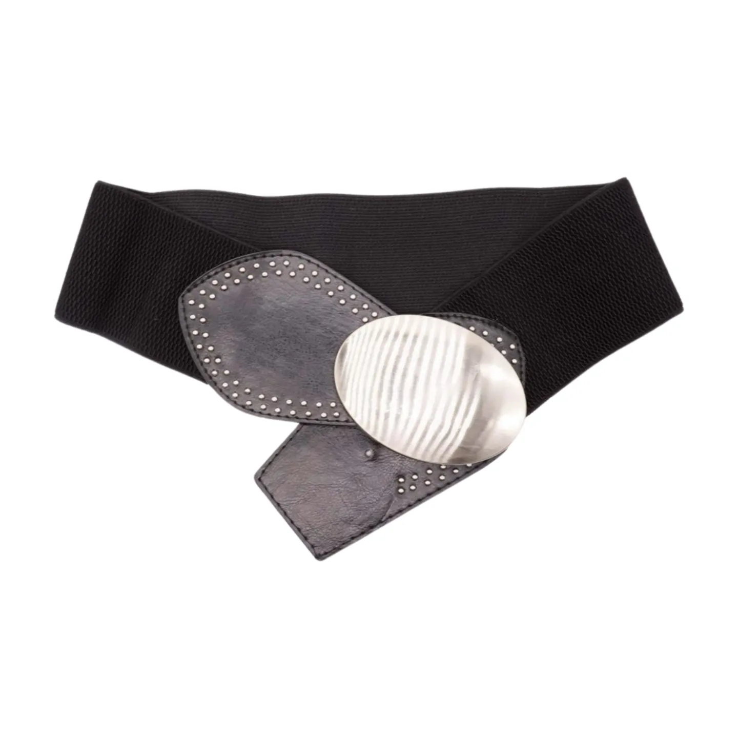 Black Faux Leather Elastic Belt Silver Studs Oval Buckle S M