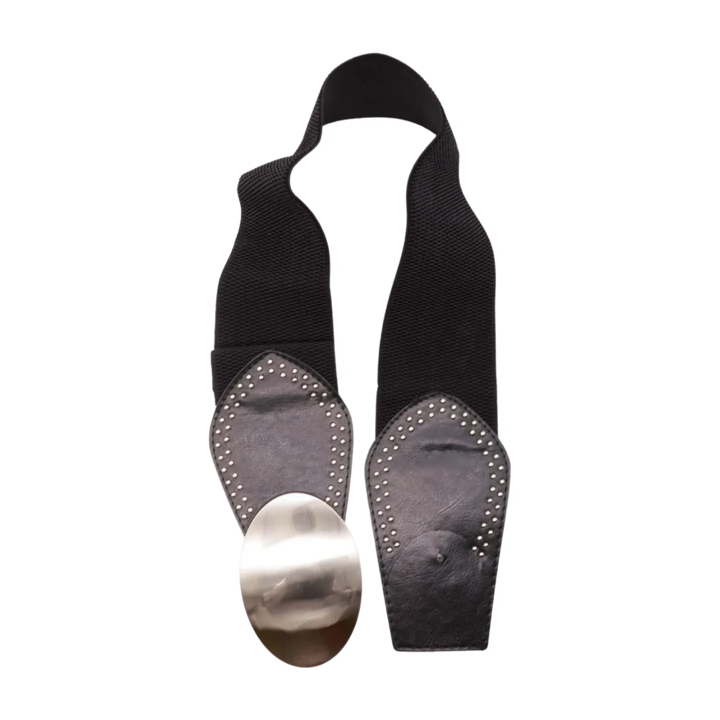Black Faux Leather Elastic Belt Silver Studs Oval Buckle S M