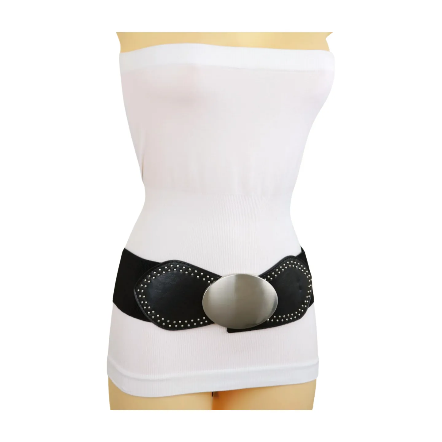 Black Faux Leather Elastic Belt Silver Studs Oval Buckle S M