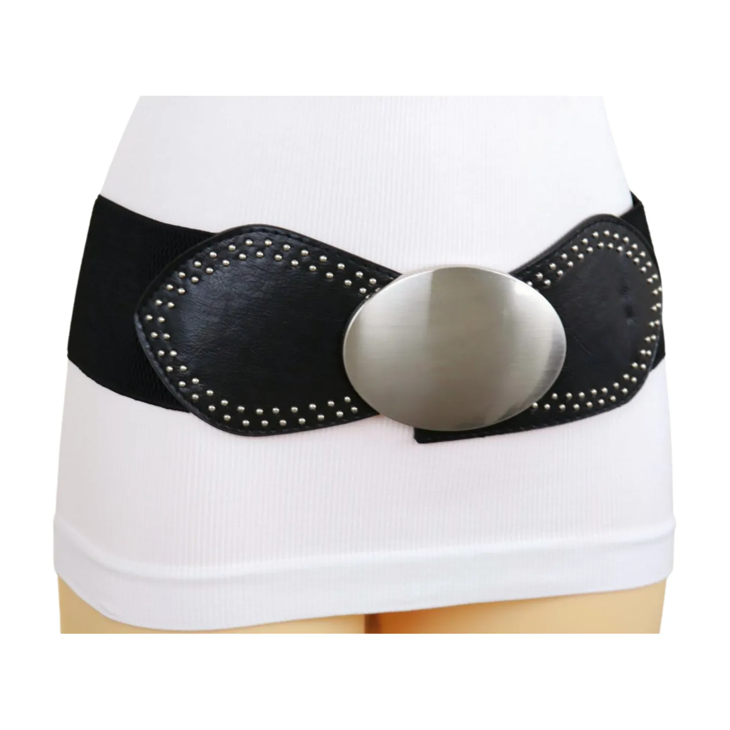 Black Faux Leather Elastic Belt Silver Studs Oval Buckle S M