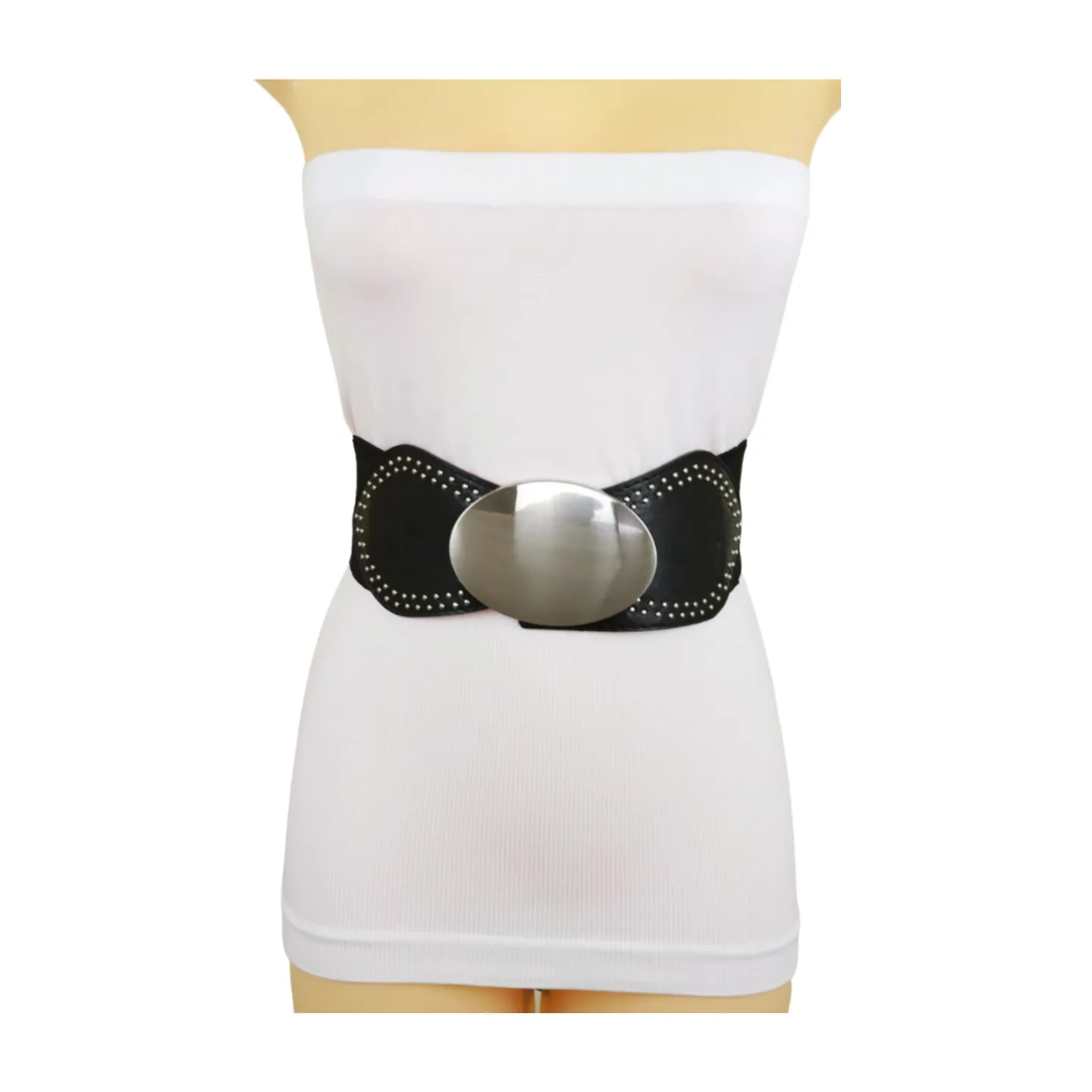 Black Faux Leather Elastic Belt Silver Studs Oval Buckle S M