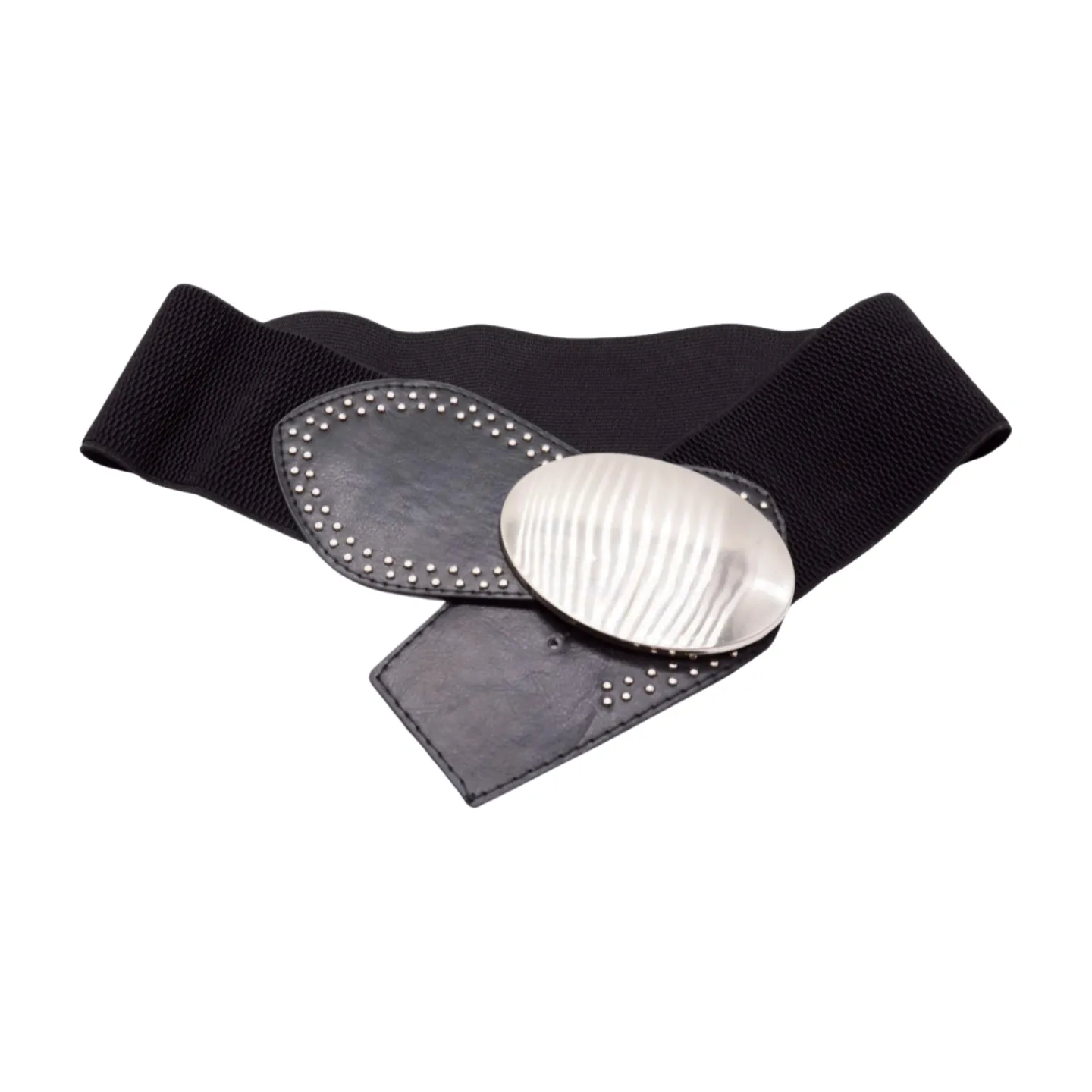Black Faux Leather Elastic Belt Silver Studs Oval Buckle S M