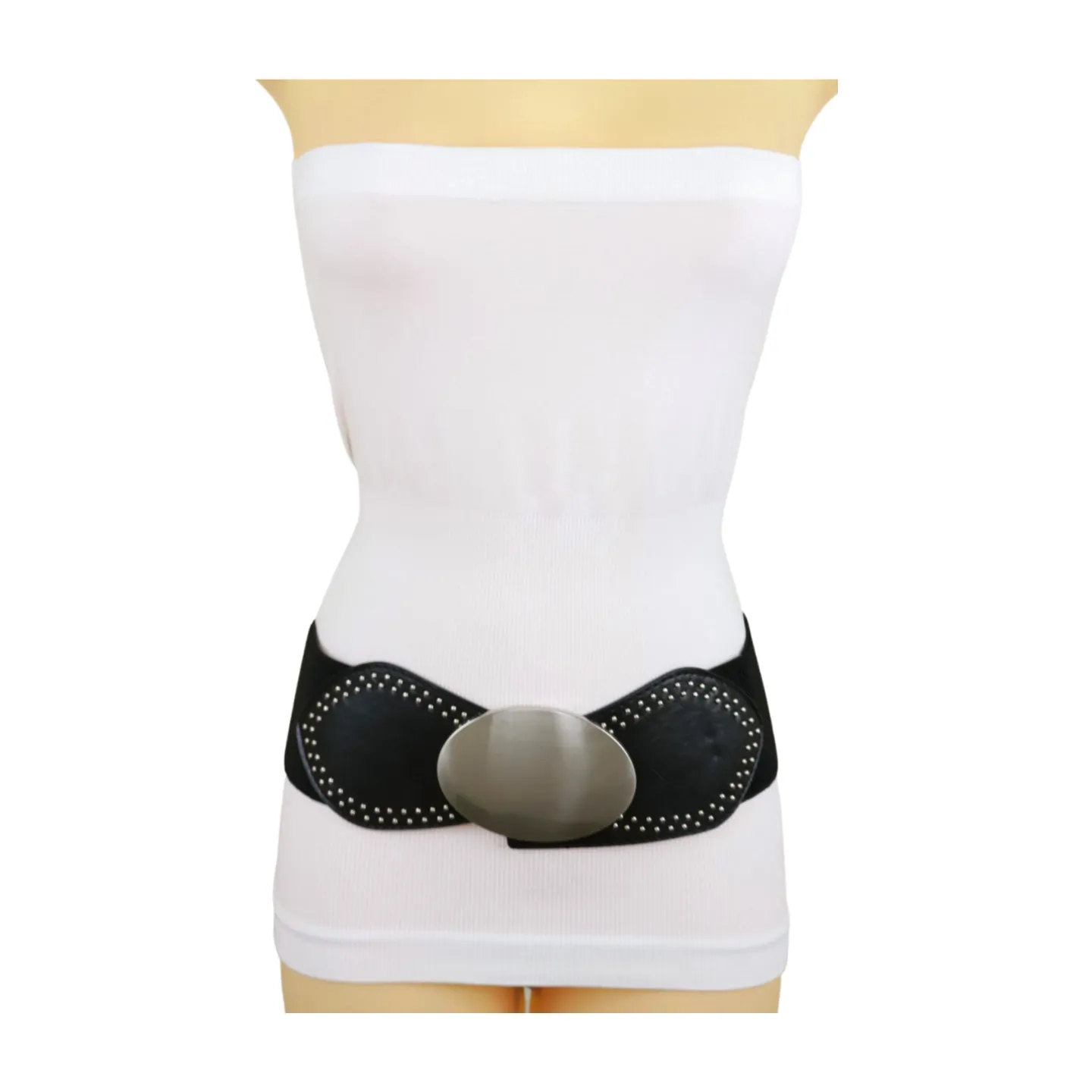 Black Faux Leather Elastic Belt Silver Studs Oval Buckle S M