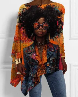 Black Girl Graffiti Oil Painting Print Irregular Ladies Top