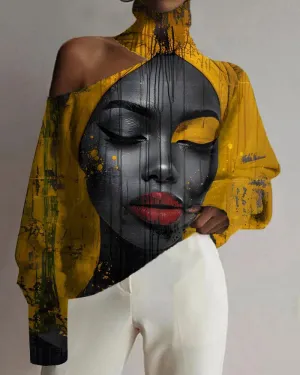 Black Girls Head Ethnic Style Vintage Print High Neck Long Sleeve Top