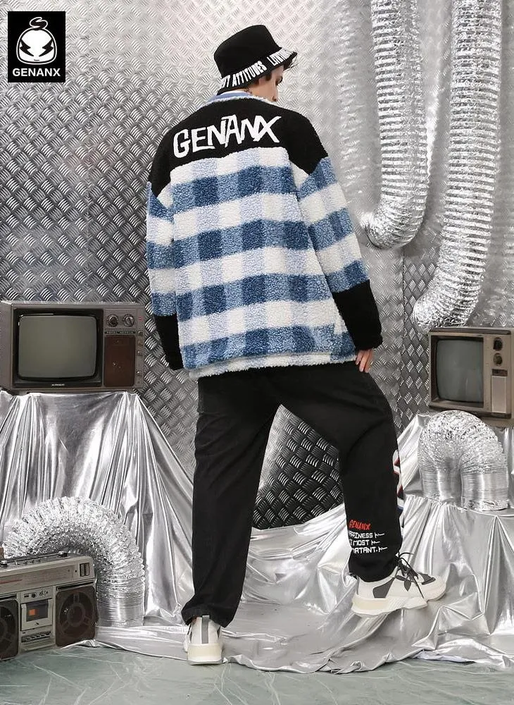 Blue Reversible Embroidery Fleece Lapel Zipper Padded Coat