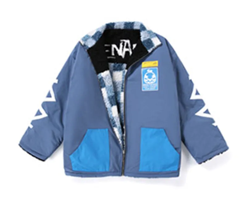 Blue Reversible Embroidery Fleece Lapel Zipper Padded Coat