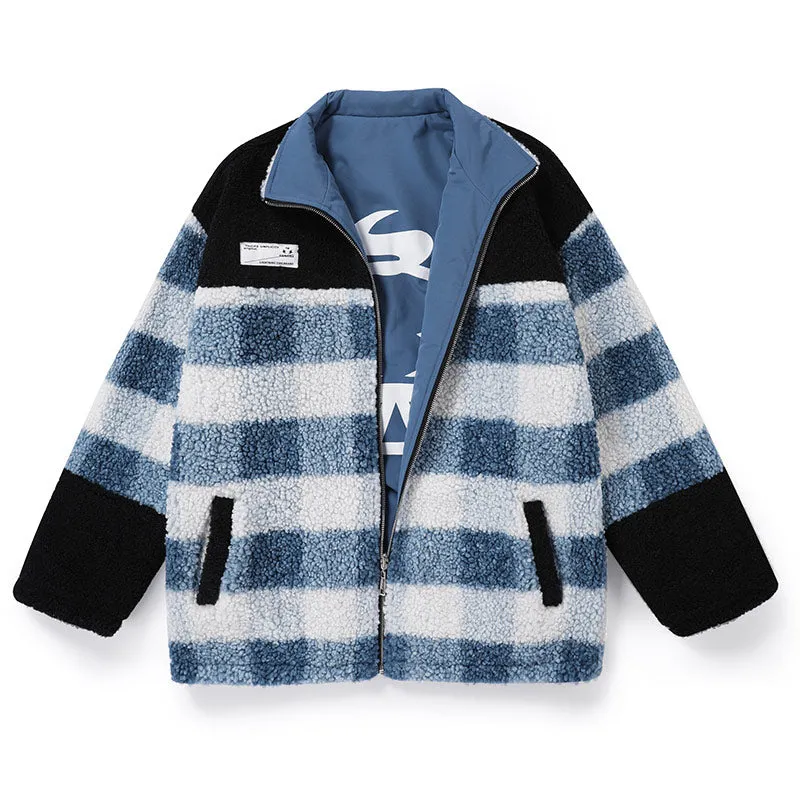Blue Reversible Embroidery Fleece Lapel Zipper Padded Coat