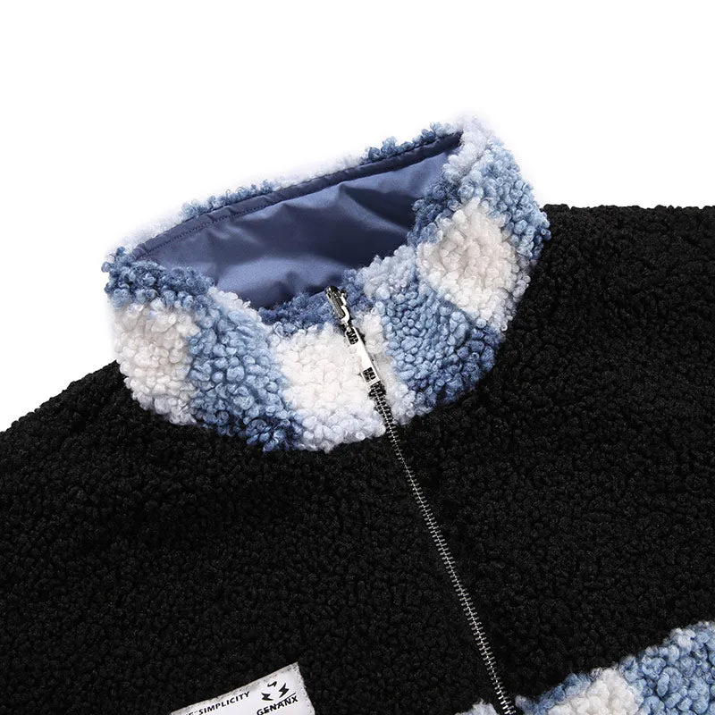 Blue Reversible Embroidery Fleece Lapel Zipper Padded Coat