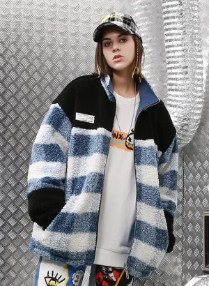 Blue Reversible Embroidery Fleece Lapel Zipper Padded Coat