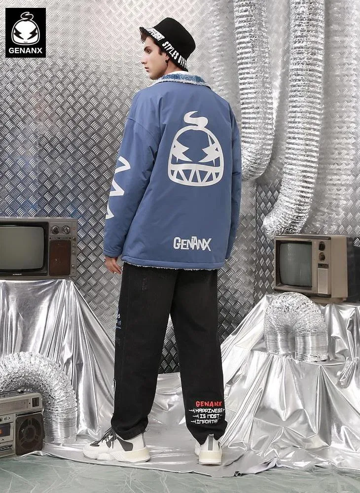 Blue Reversible Embroidery Fleece Lapel Zipper Padded Coat