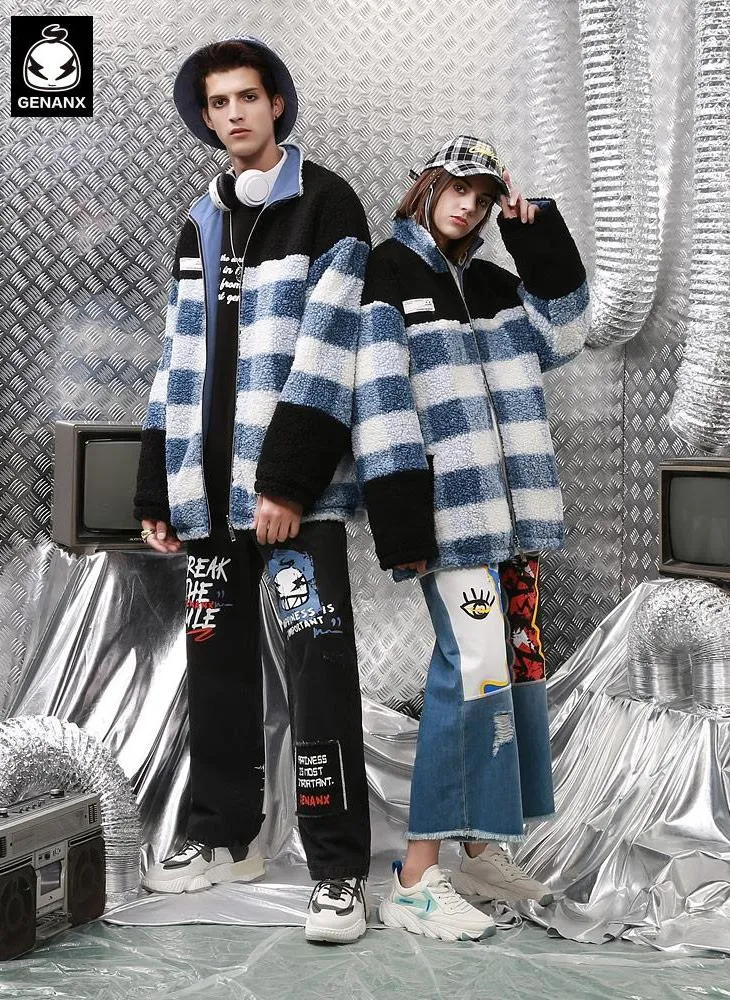 Blue Reversible Embroidery Fleece Lapel Zipper Padded Coat