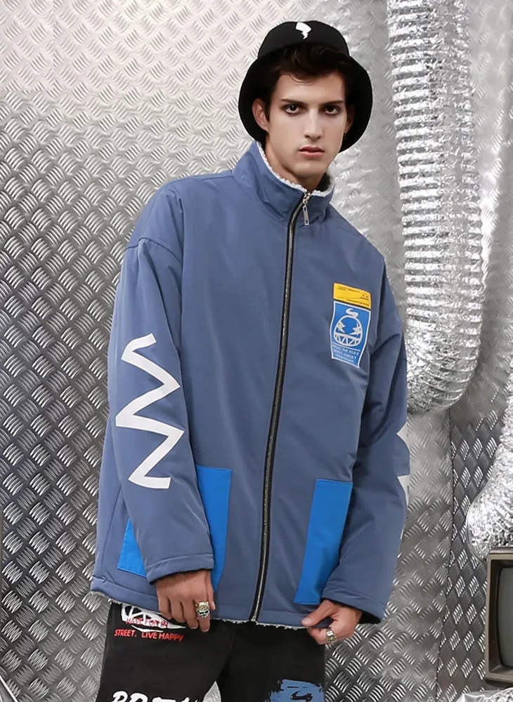 Blue Reversible Embroidery Fleece Lapel Zipper Padded Coat