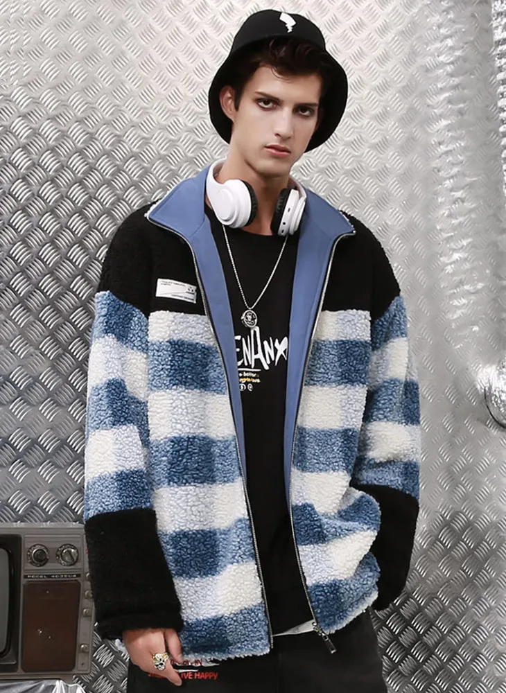 Blue Reversible Embroidery Fleece Lapel Zipper Padded Coat