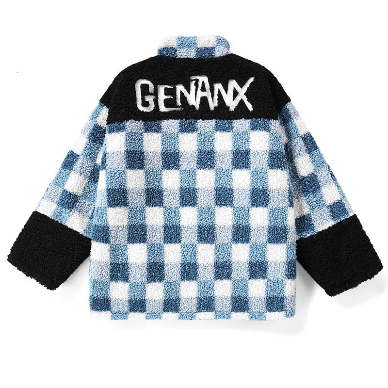Blue Reversible Embroidery Fleece Lapel Zipper Padded Coat