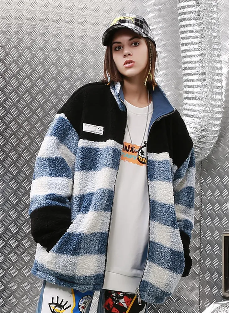Blue Reversible Embroidery Fleece Lapel Zipper Padded Coat