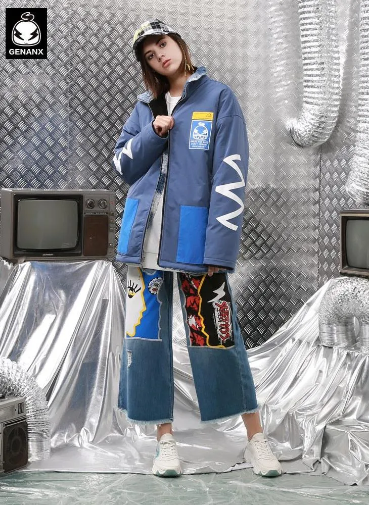 Blue Reversible Embroidery Fleece Lapel Zipper Padded Coat