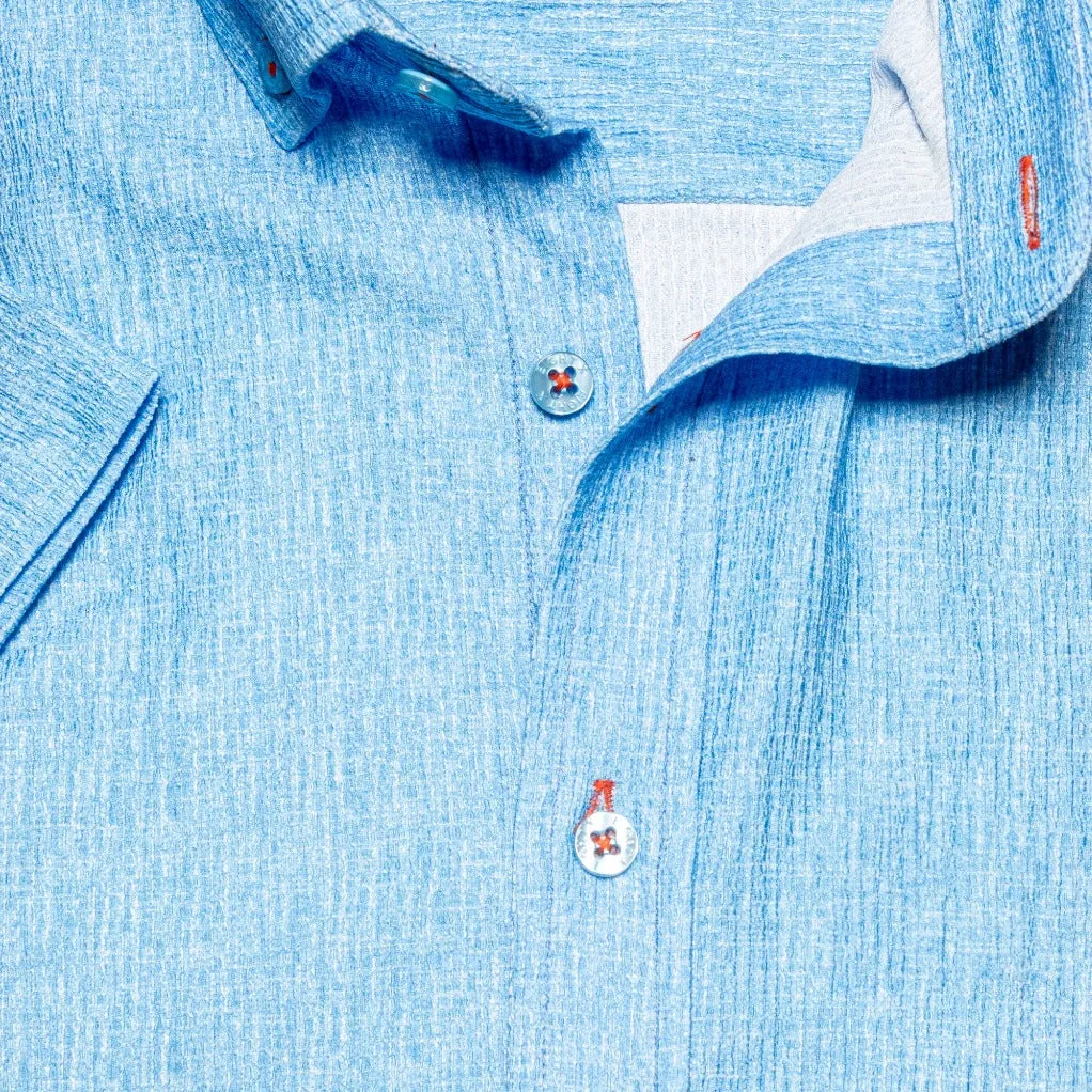 Blue Seersucker Short Sleeve Shirt With Orange Button Stitching