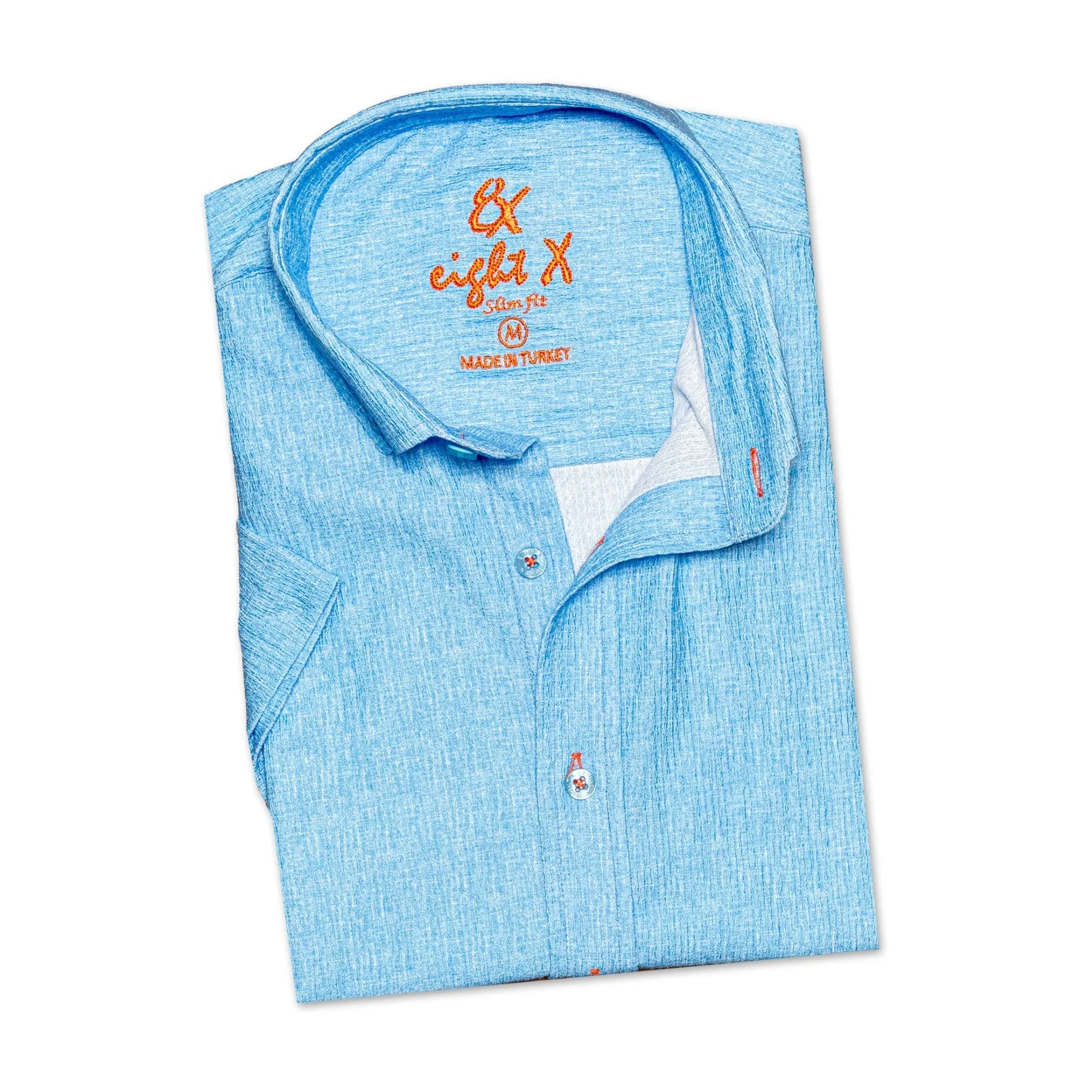 Blue Seersucker Short Sleeve Shirt With Orange Button Stitching