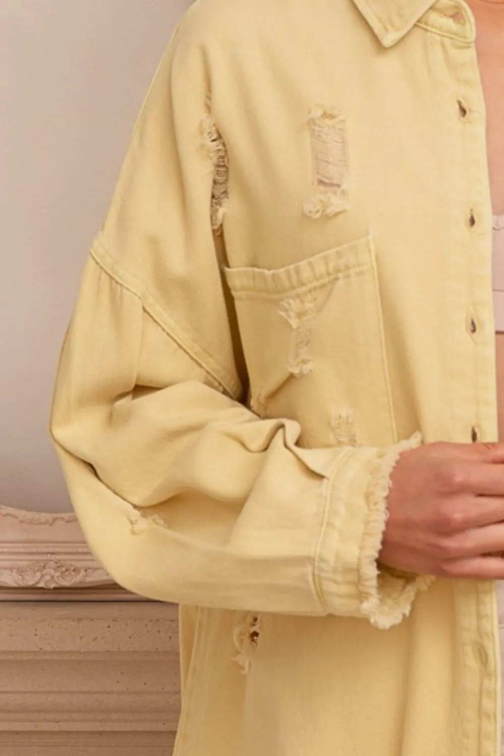 Blue Zone Planet |  POL Button Down Raw Hem Distressed Shacket