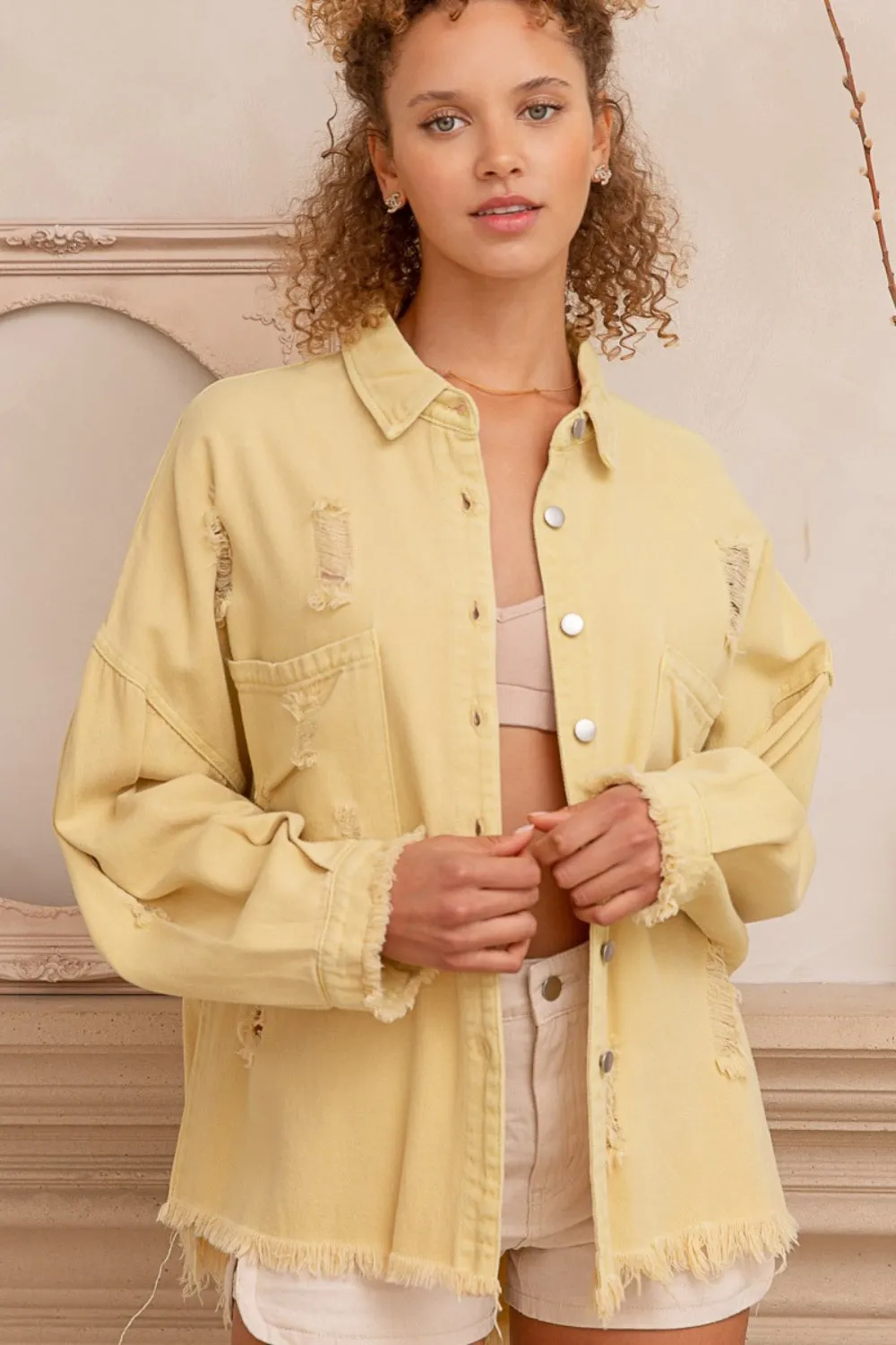 Blue Zone Planet |  POL Button Down Raw Hem Distressed Shacket