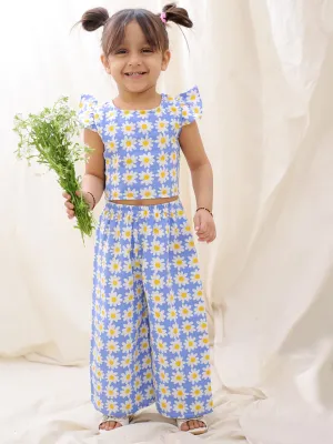 BownBee Summer Sleeveless Pure Cotton Printed Top & Culottes Set For Girls - Blue