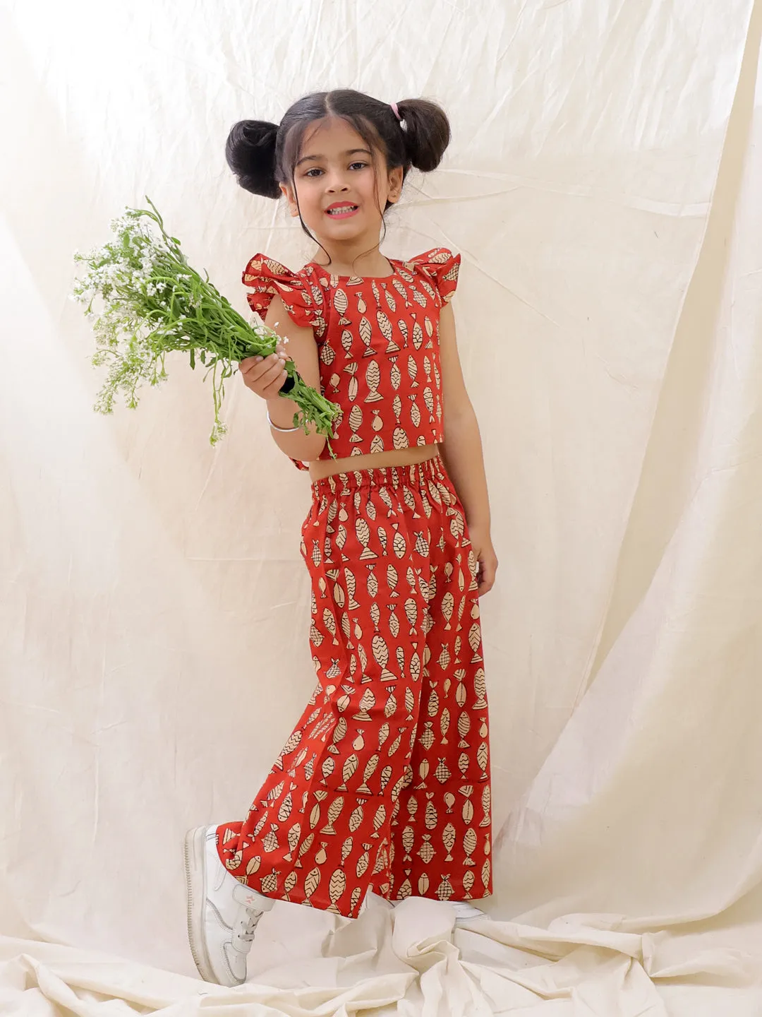 BownBee Summer Sleeveless Pure Cotton Printed Top & Culottes Set For Girls - Blue