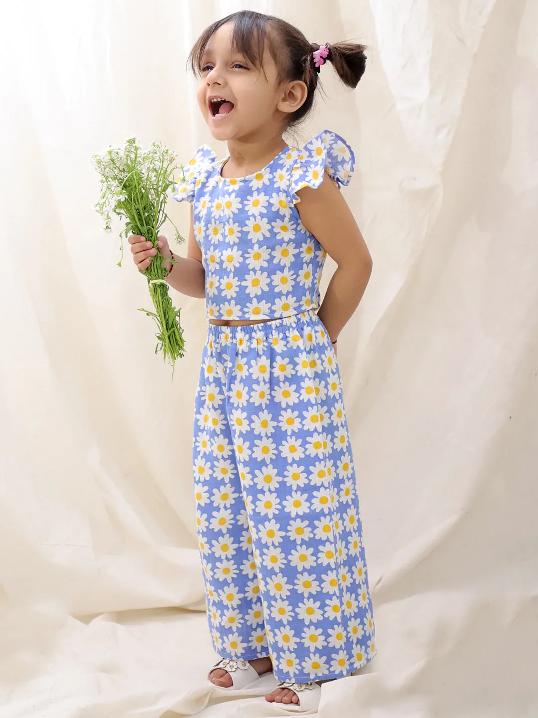 BownBee Summer Sleeveless Pure Cotton Printed Top & Culottes Set For Girls - Blue