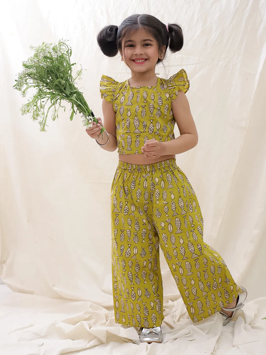 BownBee Summer Sleeveless Pure Cotton Printed Top & Culottes Set For Girls - Blue