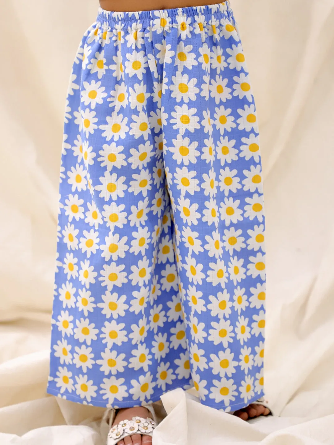 BownBee Summer Sleeveless Pure Cotton Printed Top & Culottes Set For Girls - Blue