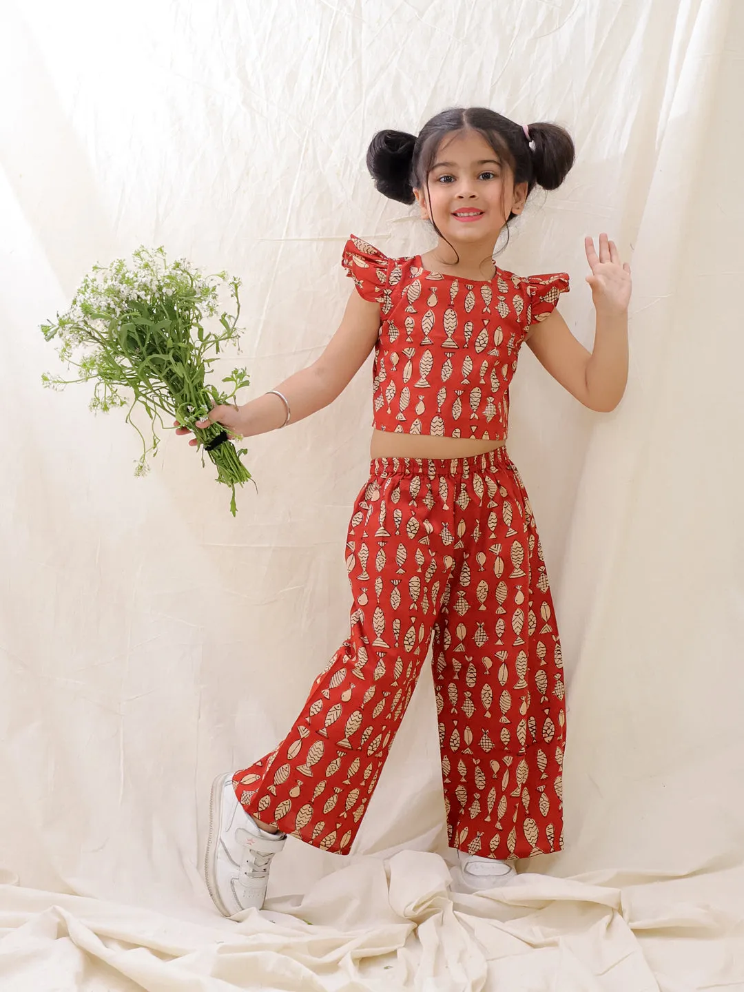BownBee Summer Sleeveless Pure Cotton Printed Top & Culottes Set For Girls - Blue