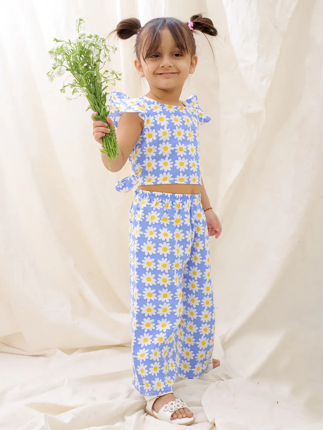 BownBee Summer Sleeveless Pure Cotton Printed Top & Culottes Set For Girls - Blue