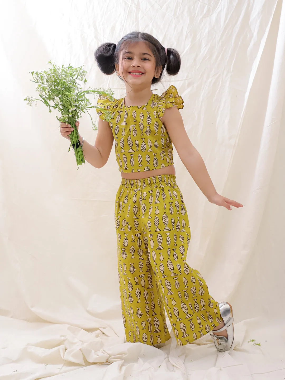 BownBee Summer Sleeveless Pure Cotton Printed Top & Culottes Set For Girls - Blue