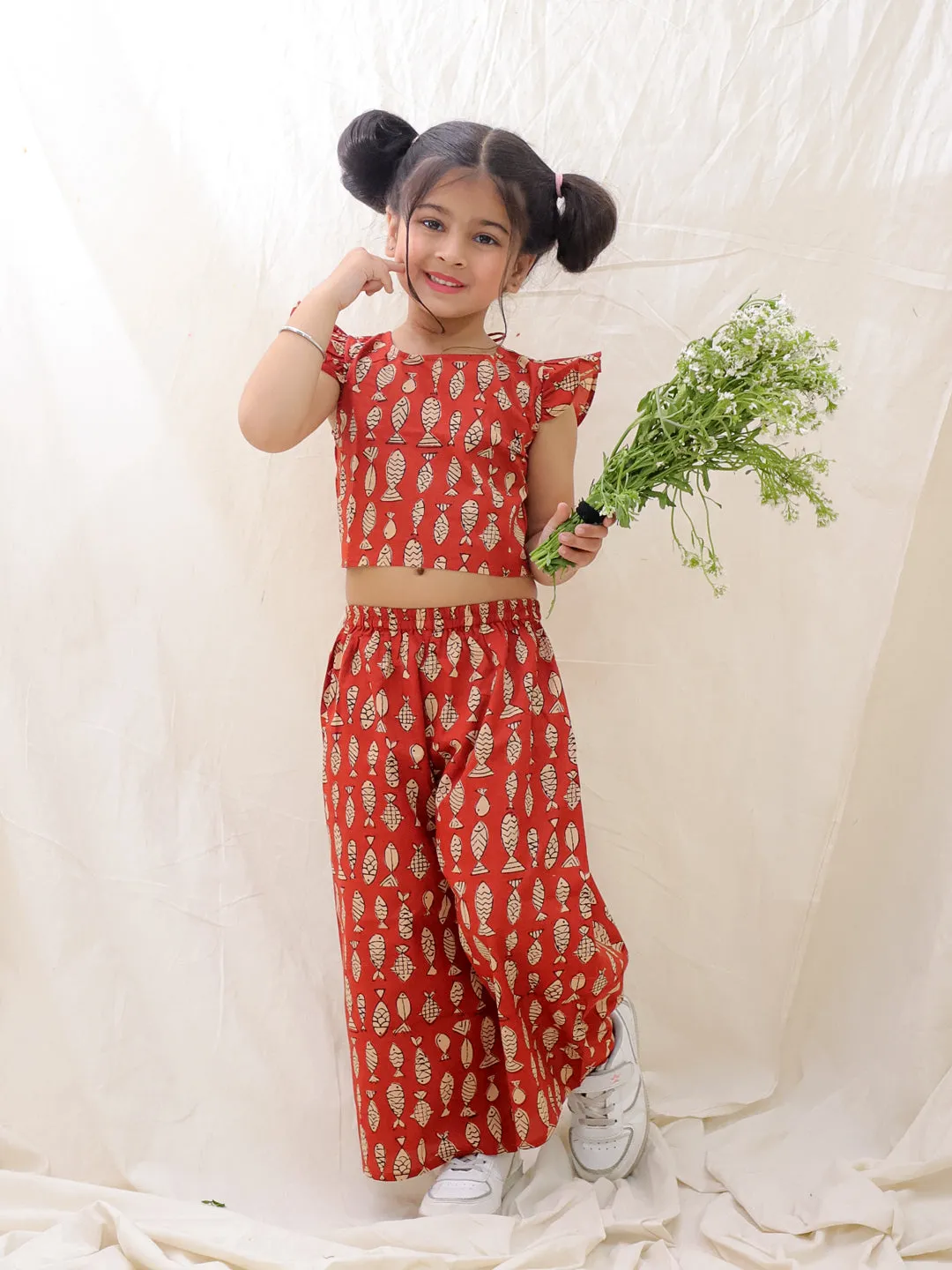 BownBee Summer Sleeveless Pure Cotton Printed Top & Culottes Set For Girls - Blue