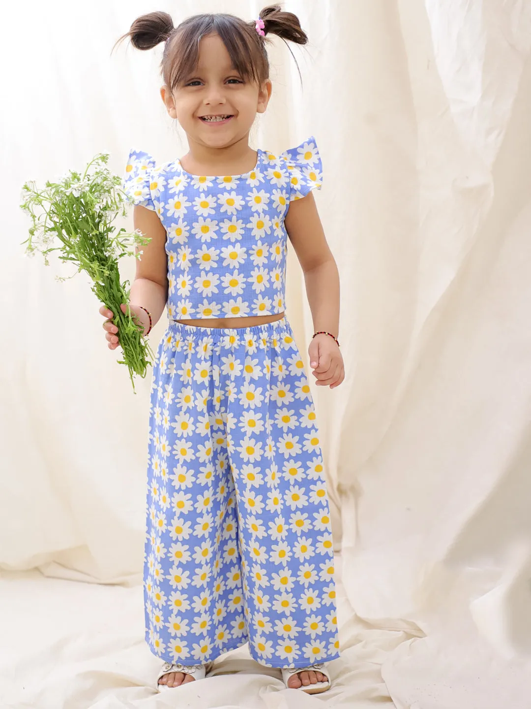 BownBee Summer Sleeveless Pure Cotton Printed Top & Culottes Set For Girls - Blue