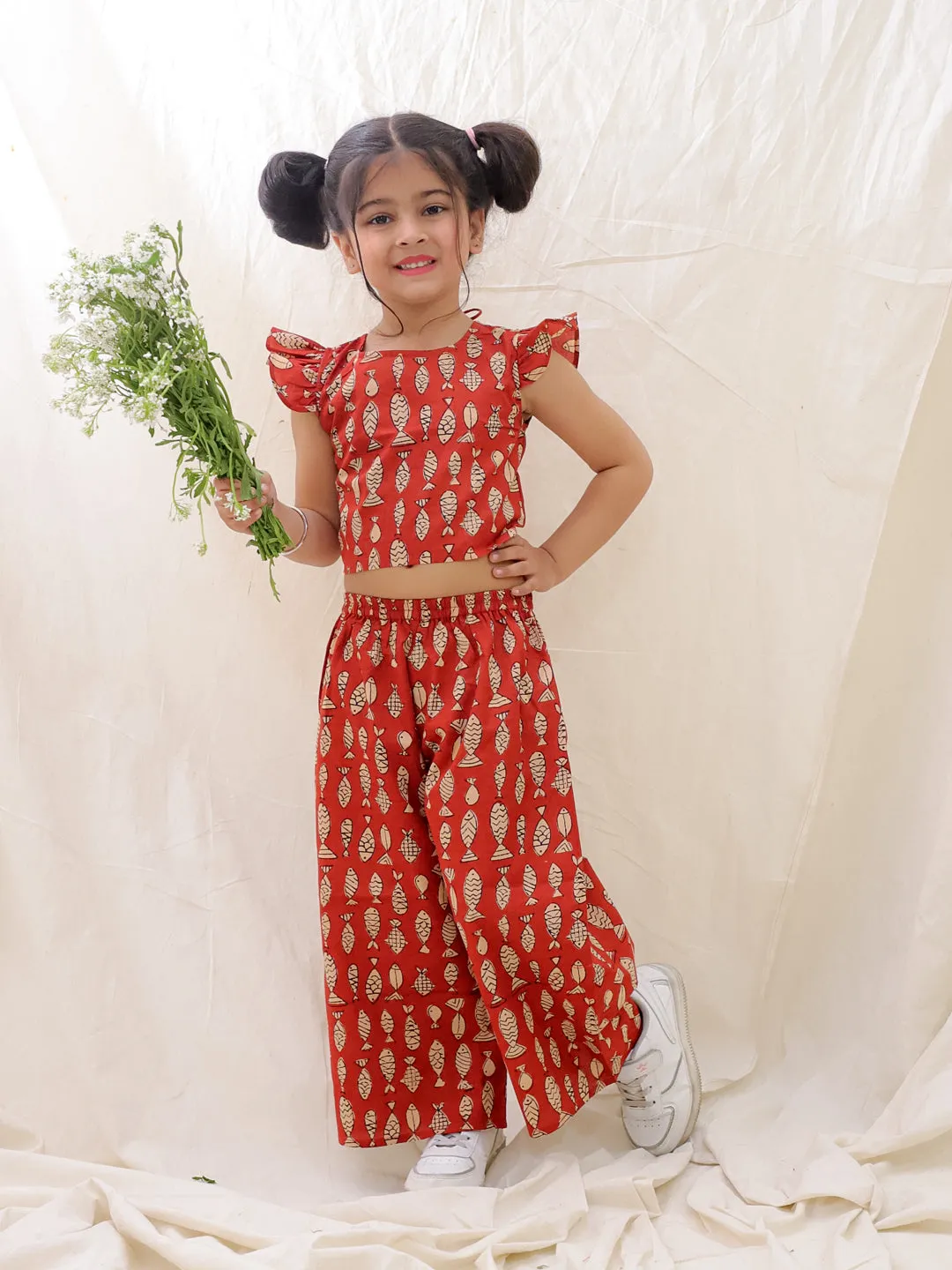 BownBee Summer Sleeveless Pure Cotton Printed Top & Culottes Set For Girls - Blue