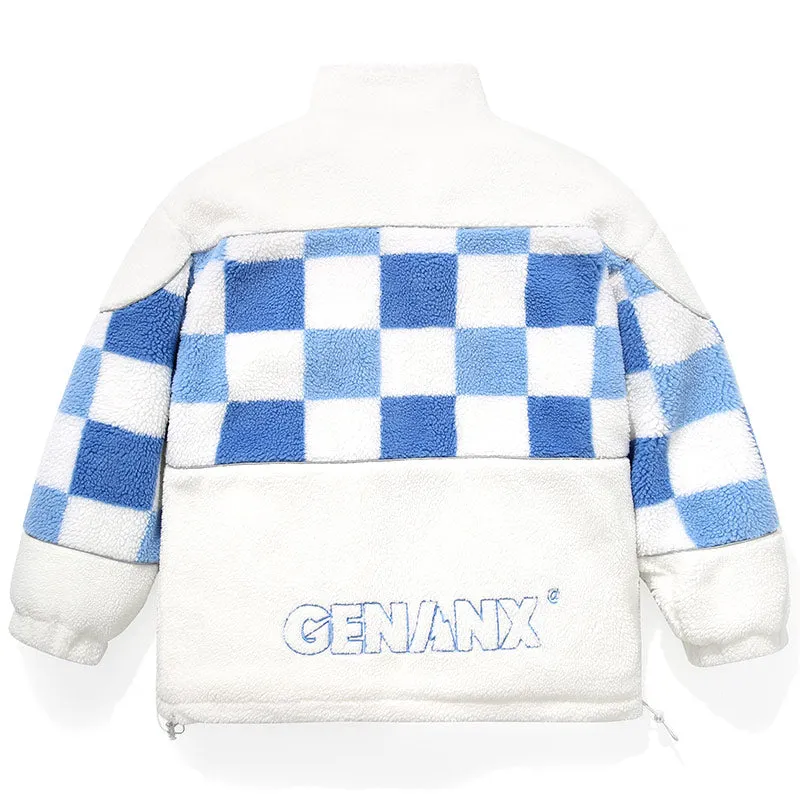 Checkerboard Embroidery Label Fleece Padded Coat