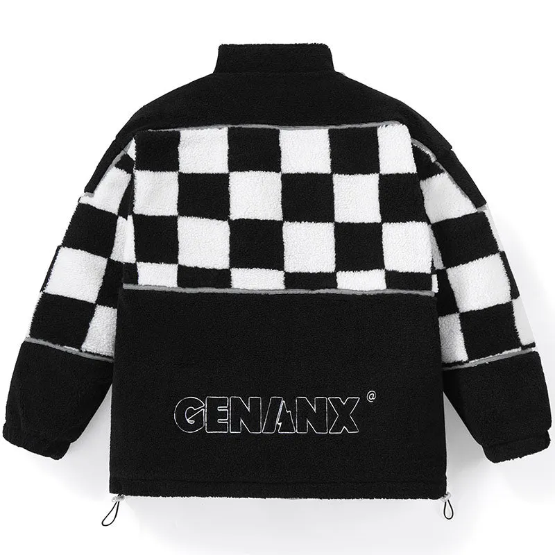 Checkerboard Embroidery Label Fleece Padded Coat