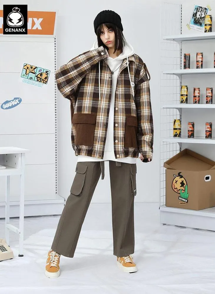 Checkerboard Patchwork Drop-Shoulder Sleeve Padded Coat