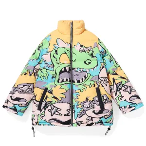 Chinese Style Print Stand Collar Padded Coat