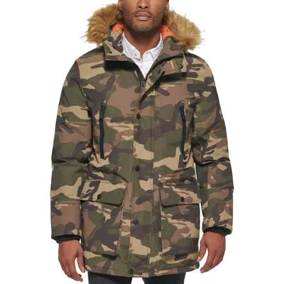 Club Room Mens Parka Coat XL Green Fur Trim Camouflage