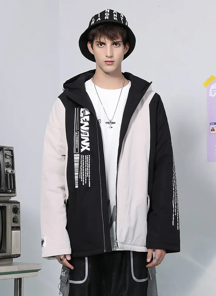 Color Block Patchwork Back Print Padded Coat