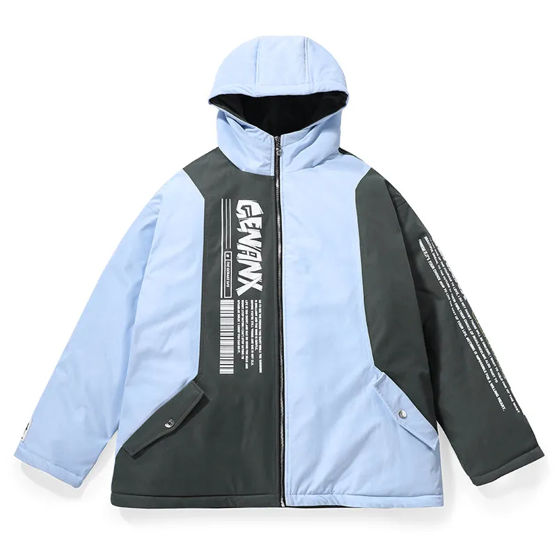 Color Block Patchwork Back Print Padded Coat
